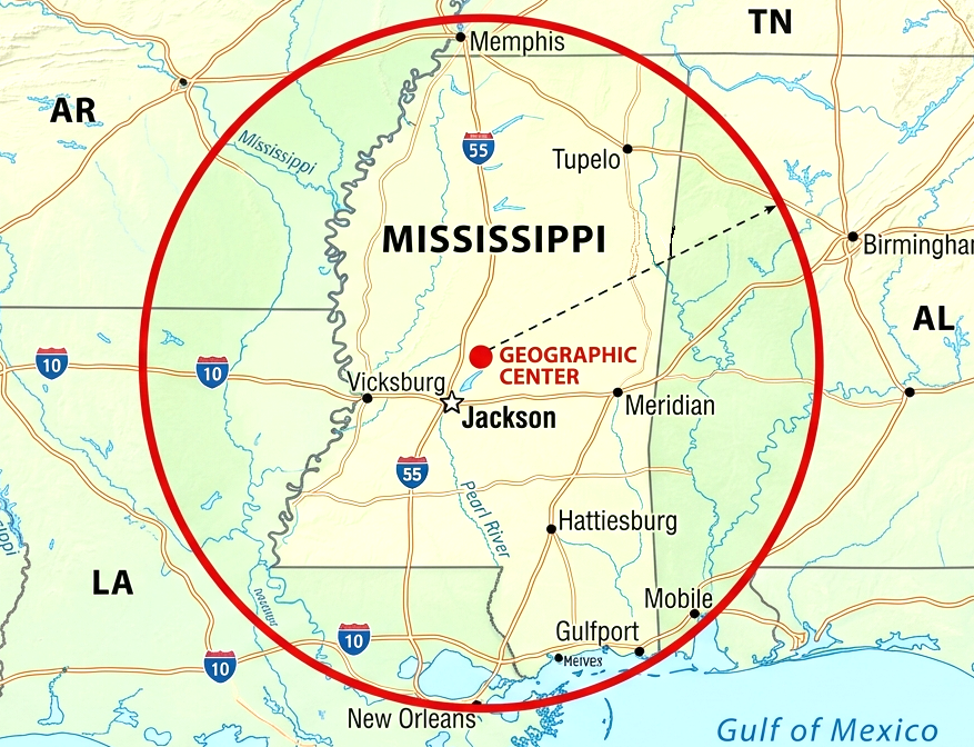 Map showing a 200-mile service radius from central Mississippi into Louisiana, Alabama, and Tennessee